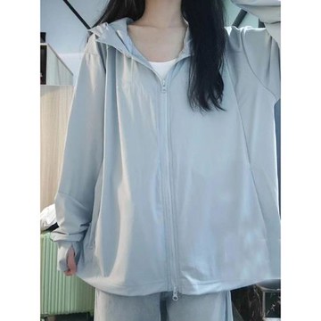 淺藍色冰絲薄款戶外防曬衣服女寬松夏季潮牌連帽工裝騎車開衫外套