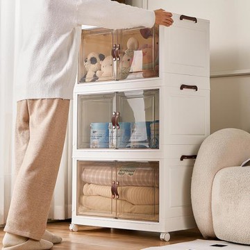 防塵玩具收納箱雙開折疊收納柜透明塑料帶滑輪衣物零食置物儲物柜