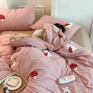 ins純棉水洗棉床上四件套100全棉粉色被套高端床單宿舍床笠三件套