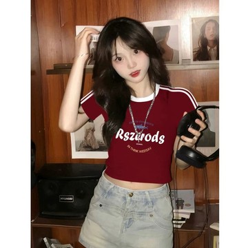 【壹號店】美式條紋高腰短袖上衣 酒紅露臍短袖T恤女 條槓t恤女短版 純欲風 辣妹修身短款上衣 小個子上衣 棉t