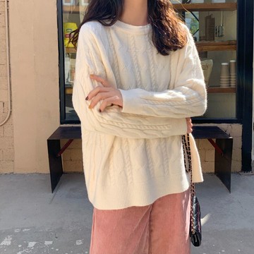 白色麻花套頭毛衣女冬秋冬冬季外穿復古日系寬松慵懶風設計感小眾