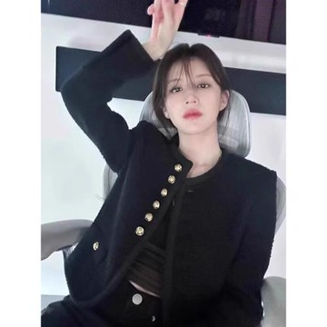 千金小姐黑色粗花呢小香風外套女秋冬法式名媛氣質高級感短款上衣