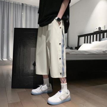 七分褲男夏季薄款大碼運動褲潮流寬松ins潮牌排扣褲子腰果花短褲A