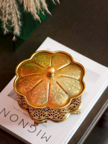 費靈家居進口黃銅手工雕花首飾盒收納盒銅制奢華工藝品歐式新古典