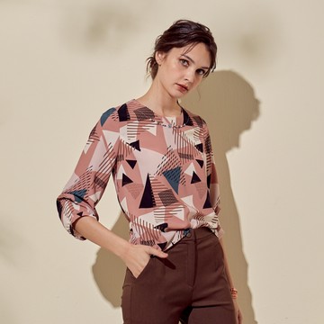 CLL巧玲瓏 幾何設計皺皺袖雪紡上衣 0543519