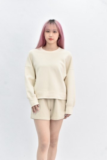 (S) uniqlo 棉質圓領落肩杏色長袖上衣