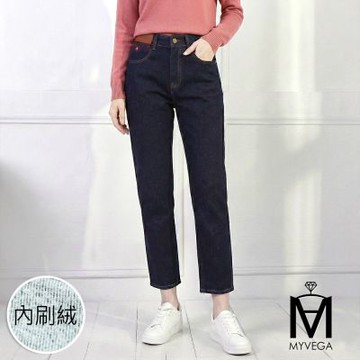 MYVEGA麥雪爾 MA內刷絨棉質後鬆緊腰哈倫牛仔九分褲-深藍