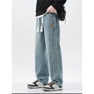 牛仔褲男款冬季加絨加厚松緊腰直筒寬松春秋新款闊腿工裝休閑長褲