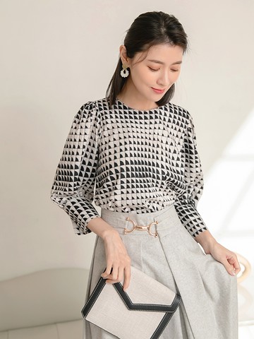 法式澎袖幾何印花雪紡上衣