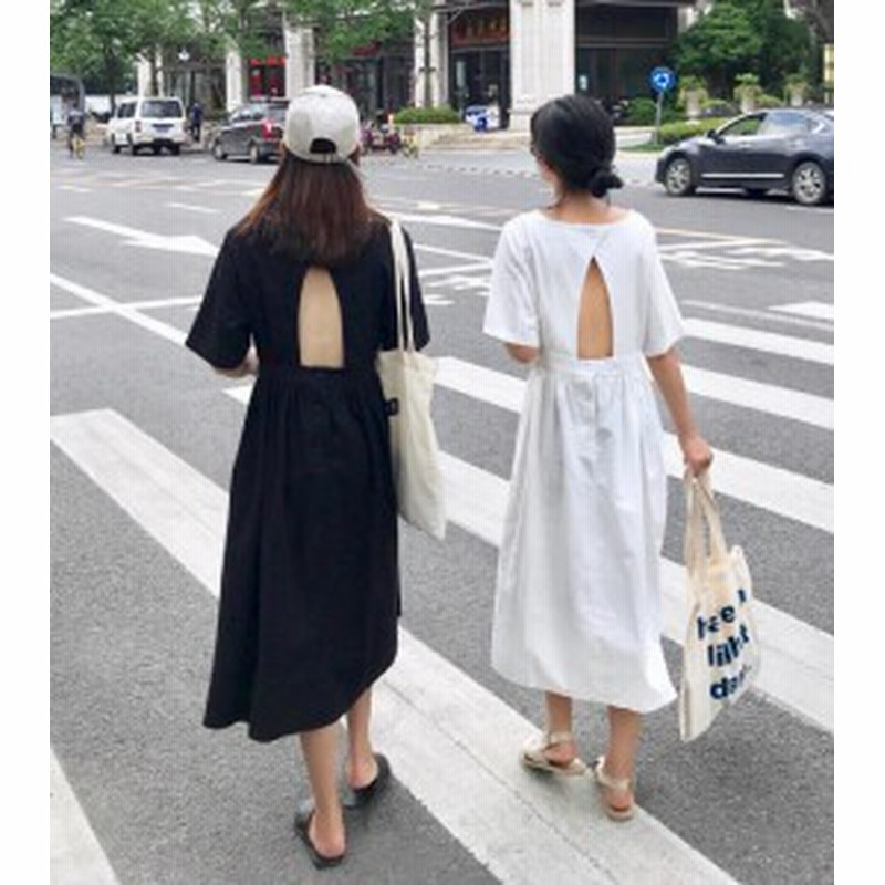 韓国 ファッション レディース ワンピース ロング 背中あき 背中見せ ハイウエスト セクシー 無地 ゆったり オルチャン 半袖 リゾート 通販 Lineポイント最大1 0 Get Lineショッピング