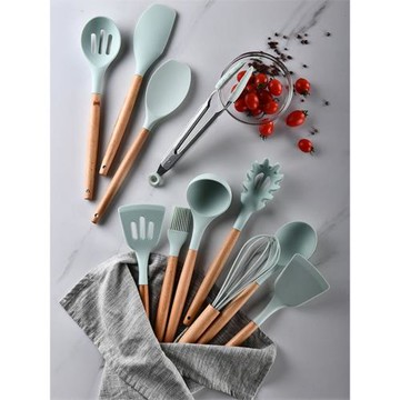 硅膠廚具11件套收納桶裝清新綠木柄刮刀不粘鍋鏟廚具套裝十一件套