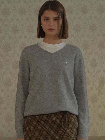 Pure Wool Loose Fit V-neck Knit [Grey]