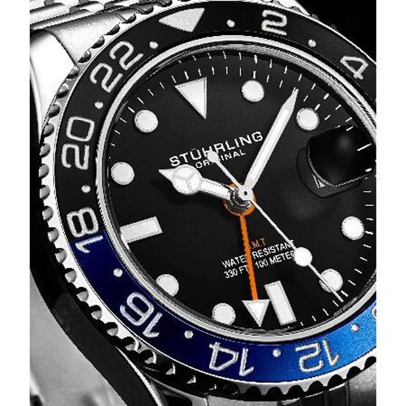 Stuhrling Original Mens Stainless Steel Jubilee Bracelet GMT Watch