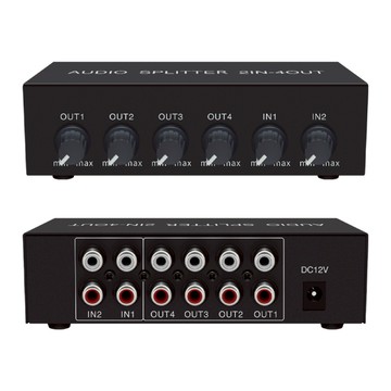 易控王 2x4 二進四出RCA混音音訊分配器 帶音量調節 紅白音訊分配器 RCA分配 (40-065-05)