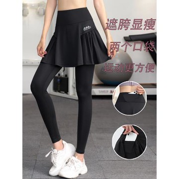 2025新款春夏胖mm大碼高腰假兩件運動健身褲裙女跑步速干瑜伽長褲