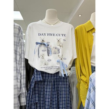 韓版2025年夏季潮流韓國東大門可愛小狗印花純棉短袖休閑T恤上衣