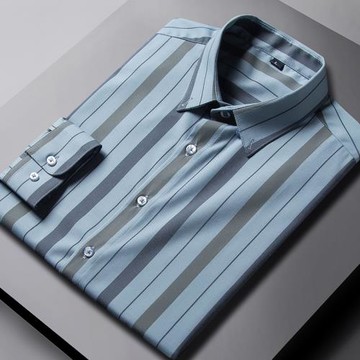 春秋新款寬條紋長袖襯衫男商務休閑順滑料抗皺免燙時尚男裝襯衣