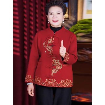 媽媽外套中老年人奶奶秋冬女針織毛衣喜婆婆婚宴裝老太太紅色唐裝