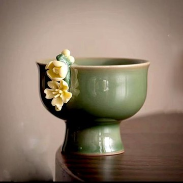陶瓷花杯子手工茶杯個人杯主人杯手工捏花青釉泡茶家用小茶具批發