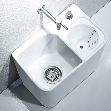 元匠拖把池家用陽臺衛生間地排陶瓷拖布池側排帶瀝水籃大號槽池 b8031