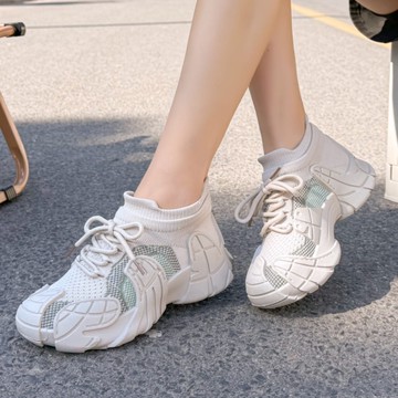 【35-41全尺碼】運動鞋．百搭拼色網布綁帶襪套厚底休閒鞋．白鳥麗子