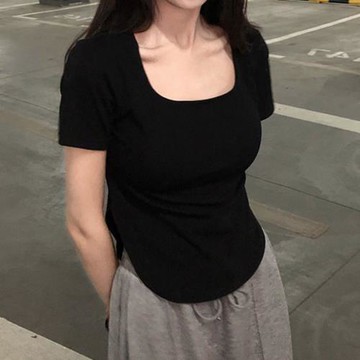 大碼女裝顯瘦方領短袖T恤女夏季胖妹妹不規則遮肉短款上衣打底衫