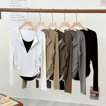 【Fee隔日到貨7色】假兩件側抓皺半拉鍊棉上衣🔥棉長袖上衣 彈力上衣 長袖圓領衛衣 彈性薄棉 女性上衣 秋冬