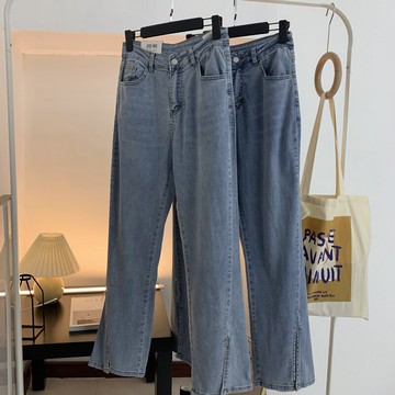 開叉牛仔褲女W-21夏季新款韓版寬松直筒褲薄款淺色高腰顯瘦長褲子