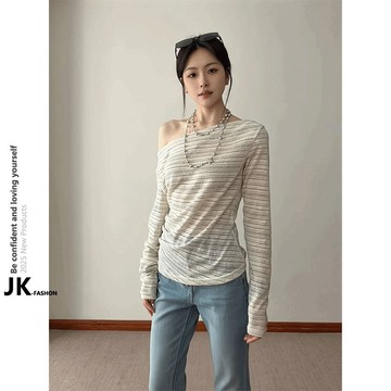 【JK極客】【原版銀絲布】斜肩條紋防曬罩衫 透氣防曬上衣 夏季女裝 T恤女