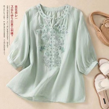 【雅韻衣櫥】夏季新款襯衫大碼T恤女純色文藝復古刺繡棉麻小衫寬鬆V領套頭上衣