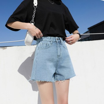 胖胖美依 短褲 熱褲  牛仔褲 S-2XL淺藍色牛仔短褲高腰夏季ins潮薄款寬鬆顯瘦熱褲子毛邊a字闊腿褲-7459.