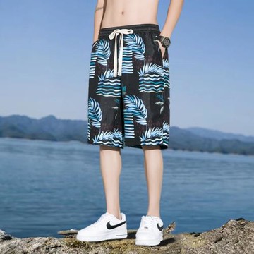 沙灘褲男夏季寬松海邊印花冰絲褲薄款垂感直筒五分中褲子男士短褲