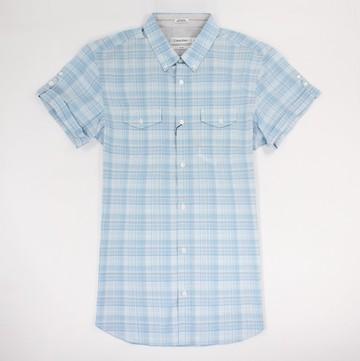美國百分百【全新真品】Calvin Klein 襯衫 CK 男衣 短袖 上班 休閒 合身 藍 格紋 S L號 E244