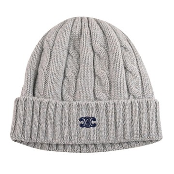 CELINE TRIOMPHE 標誌LOGO喀什米爾羊毛麻花針織毛帽.淺灰