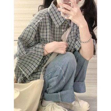 【XL-8XL大尺碼】👩短袖襯衫  夏季2025新款複古藏青色格子襯衫短袖女寬鬆顯瘦襯衣外穿休閒上衣