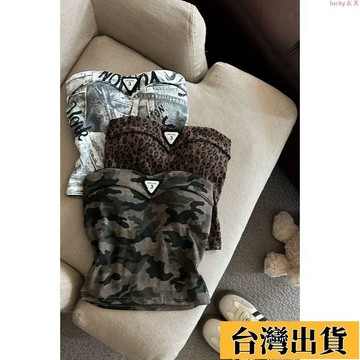 🌟新店優惠🌟抹胸 帶胸墊 美式複古帶胸墊抹胸背心女迷彩印花裹胸外穿夏季辣妹性感短款上衣