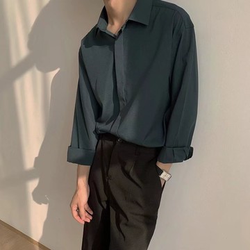 秋季商務輕熟風長袖襯衫男 潮流寬鬆休閒垂墜感素色翻領襯衫男