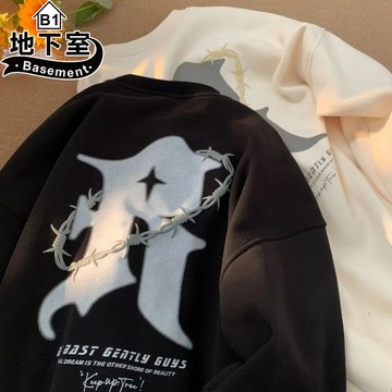 地下室B1-長T 美式荊棘R印花長袖T恤 圓領 寬鬆 男裝 大尺碼5XL【NL665062 厚薄長T組合】