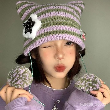 台灣出貨 亞比風 小眾 可愛 貓咪耳朵 針織帽 條紋惡魔 保暖帽 牛角針織 毛帽 秋冬毛線帽子 套頭帽 時尚百搭包頭帽