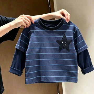 可愛星星～仿刺繡印花條紋長袖T恤兒童春秋款舒適百搭假兩件 男童條紋圓領上衣 打底衫 男女童長袖上衣 男童假兩件T恤