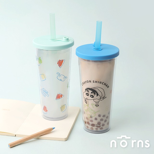 【Norns】蠟筆小新雙層透明吸管杯- Norns Original Design 正版授權 飲料杯 珍珠奶茶杯 隨行杯 環保杯