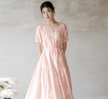 【泡泡袖】新中式復古中國風 刺繡收腰洋裝