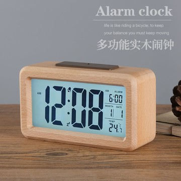 TQJ實木夜燈貪睡鬧鐘床頭座鐘學生用靜音桌面鐘時尚臺面時鐘臺鐘