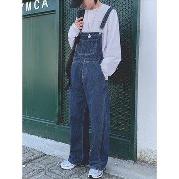 日系復古明線工裝牛仔背帶褲男闊腿寬松春秋季顯瘦連體長褲女直筒