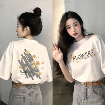 黑色短袖t恤女2025夏季新款寬松顯瘦時尚女裝設計感花朵印花上衣