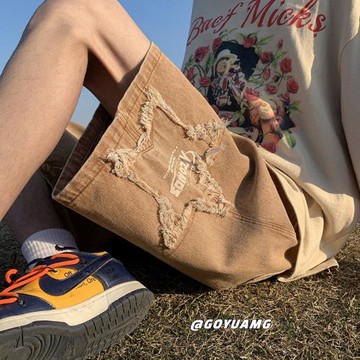 美式復古牛仔短褲男夏季薄款寬松休閑五分褲歐美高街vibe運動中褲