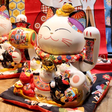 福緣貓 陶瓷電動搖手招財貓店鋪收銀臺自動招手擺件開業風水禮品