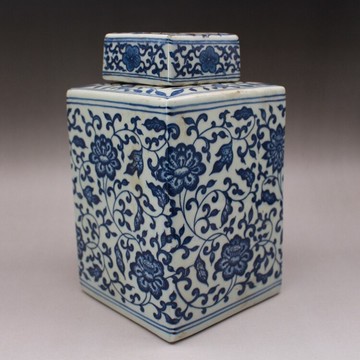 晚清民窯青花纏枝蓮紋四方茶葉罐 古玩古董陶瓷器仿古老貨收藏品