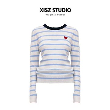 撞色條紋愛心刺繡針織衫上衣女秋冬圓領百搭修身顯瘦洋氣套頭毛衣