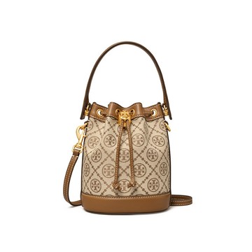 TORY BURCH T Monogram 雙T Logo 編織提花拼皮革迷你女款水桶包 87961(預購整新)~【 購物節優惠 ★ 菲尼斯 國際精品 3折起 】